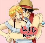  1boy 1girl black_eyes black_hair blush couple hat hug monkey_d_luffy nami_(one_piece) one_piece orange_hair pirate short_hair smile straw_hat_pirates tattoo 