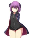  ;) arms_behind_back ass_visible_through_thighs bad_id bad_pixiv_id bangs black_bow black_dress blue_jacket blush bow breasts closed_mouth collarbone cosplay cowboy_shot dress eyebrows_visible_through_hair fate/grand_order fate_(series) fur-trimmed_jacket fur_trim hair_between_eyes hair_bow head_tilt helena_blavatsky_(fate/grand_order) highres jacket jeanne_d'arc_(alter)_(fate) jeanne_d'arc_(alter)_(fate)_(cosplay) jeanne_d'arc_(fate)_(all) looking_at_viewer mitchi one_eye_closed purple_eyes purple_hair short_hair simple_background small_breasts smile solo thigh_gap white_background wicked_dragon_witch_ver._shinjuku_1999 wide_hips 