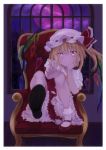  96tuki bangs blonde_hair bloomers blush bobby_socks chair cloud cravat elbow_rest expressionless eyebrows_visible_through_hair fingernails flandre_scarlet foreshortening full_moon hair_between_eyes hat hat_ribbon head_in_hand indoors leaning_to_the_side leg_lift looking_at_viewer mary_janes mob_cap moon night outstretched_hand petticoat puffy_short_sleeves puffy_sleeves red_eyes red_footwear red_moon red_skirt red_vest ribbon shoes short_hair short_sleeves side_ponytail sitting skirt socks solo touhou underwear vest w white_legwear window wings yellow_neckwear 