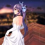  backless_dress backless_outfit balcony bare_shoulders black_choker blurry blurry_background bridal_gauntlets choker dress hair_ornament kawahara_no_keidai long_hair looking_back memento_(sennen_sensou_aigis) outdoors ponytail purple_eyes purple_hair sennen_sensou_aigis sidelocks skirt_hold skull_hair_ornament solo standing wedding_dress white_dress 