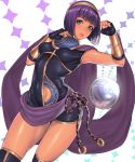  bangs blue_neckwear blunt_bangs bracer breasts circlet commentary_request crystal_ball dark_skin fingerless_gloves gloves green_eyes hifumi_(art_sky_littel) highres looking_at_viewer medium_breasts menat multicolored_neckwear navel parted_lips paw_pose purple_hair shawl short_hair simple_background smile solo street_fighter street_fighter_v thighhighs thighs usekh_collar yellow_neckwear 