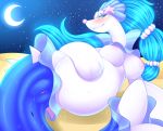  2018 absurd_res areola belly blue_eyes blue_hair blush breasts camychan crescent_moon digital_media_(artwork) female hair hi_res long_hair mammal marine moon nintendo nipples pinniped pok&eacute;mon pok&eacute;mon_(species) pregnant primarina pussy sky smile solo star starry_sky video_games 