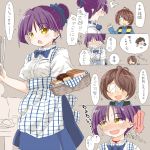  1boy 2girls :d :o alternate_costume apron blush bow breasts brown_eyes brown_hair comic commentary_request fang gegege_no_kitarou hair_over_one_eye inuyama_mana kitarou kobeya koubeya_uniform multiple_girls naitou_kouse nekomusume nekomusume_(gegege_no_kitarou_6) open_mouth plaid plaid_apron purple_hair short_sleeves small_breasts smile speech_bubble tongs translation_request waitress 