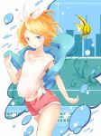  :o arched_back bare_arms blonde_hair blue_eyes blue_hoodie bow bubble clothes_grab collarbone fish hair_bow highres kagamine_rin looking_at_viewer loose_clothes moorish_idol open_mouth oyamada_(pi0v0jg) pink_shorts shirt short_hair shorts tsurime vocaloid white_shirt 