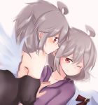  ahoge bare_shoulders brooch buna_shimeji_(keymush) dual_persona feathered_wings grey_hair jewelry kishin_sagume looking_at_another medium_hair multiple_girls one_eye_closed open_mouth red_eyes selfcest single_wing tearing_up tongue tongue_out touhou white_wings wings yuri 