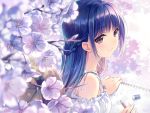  blue_hair braid brown_eyes cherry_blossoms eraser flower hat long_hair looking_at_viewer notebook original outdoors pencil petals riv smile solo writing 