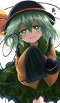  black_hat blush commentary_request green_eyes green_hair hat hat_ribbon heart highres komeiji_koishi looking_at_viewer open_mouth ribbon sleeves_past_fingers sleeves_past_wrists smile solo third_eye touhou ugatsu_matsuki 