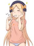  :t abigail_williams_(fate/grand_order) absurdres bad_id bad_pixiv_id bangs black_bow black_hat blush bow closed_eyes closed_mouth clothes_writing collarbone eyebrows_visible_through_hair facing_viewer fate/grand_order fate_(series) food food_on_face foodgasm forehead hair_bow hand_on_own_cheek hat highres holding holding_spoon long_hair mitchi no_pants orange_bow panties parted_bangs pink_shirt rice rice_on_face shirt short_sleeves simple_background sketch solo sparkle spoon striped striped_panties underwear very_long_hair white_background 