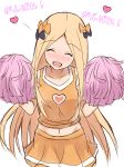  :d ^_^ abigail_williams_(fate/grand_order) absurdres bad_id bad_pixiv_id bangs black_bow blonde_hair blush bow cheerleader closed_eyes collarbone facing_viewer fate/grand_order fate_(series) hair_bow hands_up head_tilt heart highres holding long_hair mitchi nose_blush open_mouth orange_bow orange_shirt orange_skirt parted_bangs pleated_skirt pom_poms shirt simple_background sketch skirt sleeveless sleeveless_shirt smile solo translation_request very_long_hair white_background 