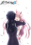 1girl asymmetrical_horns bangs black_bodysuit black_hair blue_eyes blush bodysuit commentary couple crying crying_with_eyes_open darling_in_the_franxx eyebrows_visible_through_hair from_behind hetero highres hiro_(darling_in_the_franxx) horns hug long_hair oni_horns pilot_suit pink_hair red_horns shiraseo straight_hair tears white_bodysuit zero_two_(darling_in_the_franxx) 