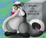  2018 animate_inanimate anthro black_fur digital_drawing_(artwork) digital_media_(artwork) english_text featureless_crotch fur hair isf jazzotter jewelry kehei living_plush male mammal markings multicolored_fur mustelid muzzle_(object) muzzled necklace nude open_mouth otter simple_background skunk solo spiral spiral_eyes tape_muzzle text transformation white_fur white_hair 