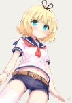  belt belt_buckle blonde_hair blue_eyes bracelet buckle flying_sweatdrops gochuumon_wa_usagi_desu_ka? hair_ribbon himarisu_(hida_mari) jewelry kirima_sharo navel raised_eyebrows ribbon sailor short_shorts shorts signature simple_background thighhighs white_legwear 