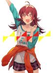  1girl ahoge animal_print arm_up asuna_(i_luv) bangs bear_print clothes_around_waist clothes_writing commentary_request hair_between_eyes idolmaster idolmaster_shiny_colors jacket jacket_around_waist komiya_kaho long_hair looking_at_viewer open_mouth orange_jacket plaid red_eyes red_hair shorts simple_background smile solo symbol-shaped_pupils white_background 