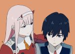  1girl absurdres bangs black_hair blue_horns commentary couple darling_in_the_franxx dazeinnight green_eyes hair_ornament hairband hetero highres hiro_(darling_in_the_franxx) horns long_hair looking_at_another military military_uniform necktie oni_horns orange_neckwear pink_hair red_horns red_neckwear signature straight_hair uniform white_hairband zero_two_(darling_in_the_franxx) 