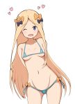  ;d abigail_williams_(fate/grand_order) absurdres arms_behind_back ass_visible_through_thighs bad_id bad_pixiv_id bangs bare_arms bare_shoulders bikini black_bow blonde_hair blue_bikini blue_eyes blush bow breasts collarbone eyebrows_visible_through_hair fate/grand_order fate_(series) groin hair_bow heart highres leaning_to_the_side long_hair looking_at_viewer micro_bikini mitchi navel one_eye_closed open_mouth orange_bow parted_bangs side-tie_bikini small_breasts smile solo swimsuit very_long_hair 