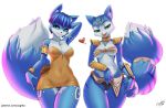  &lt;3 2018 absurd_res anthro black_nose blue_fur blue_hair bracelet camel_toe canine clothing dinosaur_planet dipstick_tail duo english_text feline female fox fur green_eyes hair hair_ornament hi_res jewelry krystal looking_at_viewer mammal markings multicolored_tail naughty_face necklace nintendo nipples oughta short_hair shoulder_pads simple_background smile square_crossover star_fox tailband text tribal_markings underwear video_games white_background white_fur 