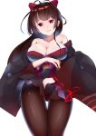  agano_(azur_lane) azur_lane bare_shoulders bow breasts brown_hair brown_legwear detached_sleeves hair_bow henet_hene japanese_clothes kimono large_breasts long_hair long_sleeves looking_at_viewer obi open_mouth pantyhose red_eyes ribbon-trimmed_sleeves ribbon_trim sash smile solo thigh_gap very_long_hair white_background wide_sleeves 