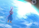  arms_behind_back beerus blue_pants bracelet dragon_ball dragon_ball_super earth facing_away flying jewelry looking_away male_focus pants planet solo tail takosacup 