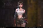  3d absurdres artist_name bangs bare_shoulders belt blair_armitage blurry blurry_background breasts brown_eyes brown_hair chocobo cleavage closed_mouth collarbone commentary_request dirty earrings elbow_gloves elbow_pads final_fantasy final_fantasy_vii fingerless_gloves gloves highres jewelry large_breasts lips long_hair midriff miniskirt navel skirt sleeveless solo tifa_lockhart torn_clothes 