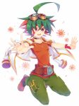  ahoge choker floral_background flower green_hair green_pants jumping male_focus multicolored_hair open_mouth outstretched_arms pants red_eyes red_footwear red_hair rento_(rukeai) sakaki_yuuya shoes smile solo yuu-gi-ou yuu-gi-ou_arc-v 