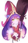  animal_ears commentary dress eyebrows_visible_through_hair foreshortening full_body half-closed_eyes hat league_of_legends long_hair long_sleeves looking_at_viewer lulu_(league_of_legends) purple_hair simple_background smile solo staff standing user_rndg3335 very_long_hair white_background witch_hat yellow_eyes yordle 
