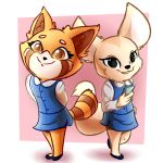  2018 absurd_res aggressive_retsuko anthro canine cellphone clothed clothing digital_media_(artwork) duo female fennec fenneko footwear fox fur hands_behind_back hi_res holding_object holding_phone looking_at_viewer mammal phone red_panda retsuko sanrio simple_background smile witchtaunter 