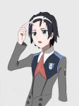  black_hair blue_eyes commentary_request darling_in_the_franxx finger_to_head hair_ornament hairband hand_up highres hiro_(darling_in_the_franxx) horns long_sleeves male_focus military military_uniform motuno_253 necktie oni_horns open_mouth red_neckwear solo spoilers uniform white_hairband 