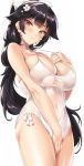  azur_lane between_legs black_hair blush bow breasts brown_eyes casual_one-piece_swimsuit cleavage commentary_request covered_navel covering covering_crotch cowboy_shot criss-cross_halter eyebrows_visible_through_hair flower frown hair_bow hair_flaps hair_flower hair_ornament halterneck hand_between_legs hand_on_own_chest kure_masahiro large_breasts long_hair looking_at_viewer one-piece_swimsuit ponytail simple_background skindentation solo strap_gap sweatdrop swimsuit takao_(azur_lane) very_long_hair wavy_mouth white_background white_swimsuit 
