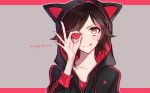  animal_ears cat_ears ecru hand_gesture hood hooded_track_jacket jacket one_eye_closed red_hair ruby_rose rwby smile solo tongue tongue_out track_jacket twitter_username 