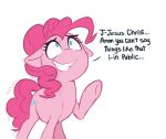  2018 blue_eyes dialogue english_text equine female friendship_is_magic higglytownhero horse mammal my_little_pony nervous pinkie_pie_(mlp) pony scared simple_background solo sweat text white_background 