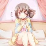  bangs bed black_hair blush bow bowtie curtains hands_together long_sleeves looking_at_viewer love_live! love_live!_school_idol_project on_bed pajamas pillow red_eyes riai_(onsen) side_bun sitting sitting_on_bed smile solo striped translated white_neckwear yazawa_nico 