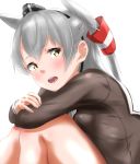  amatsukaze_(kantai_collection) blush breasts brown_shirt commentary_request eyebrows_visible_through_hair grey_hair hair_between_eyes highres kantai_collection leg_hug long_hair looking_at_viewer open_mouth school_uniform shirt small_breasts solo tama_(seiga46239239) two_side_up yellow_eyes 