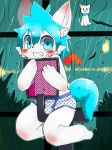  adorasexy aqua_hair blue_eyes blush briefs bulge chair clothing cub cute dinogaize male mammal navel playing raining smile translucent underwear window young 