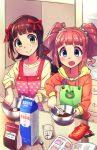  :d amami_haruka apron baking bangs blue_eyes blunt_bangs blush book bowl brown_hair cabinet chocolate chocolate_bar closed_mouth collarbone commentary_request cup drawer eyebrows eyebrows_visible_through_hair frog green_apron green_eyes hair_ribbon holding hood hood_down hoodie idolmaster idolmaster_(classic) indoors jacket kitchen long_sleeves looking_at_another measuring_cup milk milk_carton multiple_girls open_book open_clothes open_jacket open_mouth orange_hoodie pink_apron pink_shirt red_hair red_ribbon ribbon shirt short_hair sidelocks sleeves_pushed_up smile spoon takatsuki_yayoi twintails wagashi928 yellow_jacket 