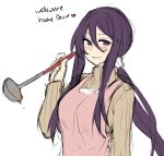  apron blush brown_sweater doki_doki_literature_club english hair_between_eyes hair_ornament hairclip hand_up highres holding ladle long_hair long_sleeves looking_at_viewer otxoa60 pink_apron purple_eyes purple_hair sketch smile solo sweater upper_body very_long_hair yuri_(doki_doki_literature_club) 