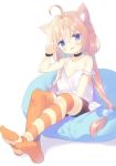  ahoge animal_ear_fluff animal_ears arm_up bike_shorts blue_eyes cat_ears choker commentary_request crossed_legs flat_chest hair_bobbles hair_ornament hinata_channel long_hair low_twintails mismatched_legwear nekomiya_hinata no_shoes orange_legwear pillow pink_hair shorts sitting smile solo strap_slip striped striped_legwear thighhighs twintails vest virtual_youtuber white_vest wristband yuizaki_kazuya 