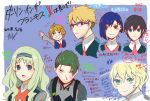  5boys ahoge bangs black_bodysuit blonde_hair blue_eyes blue_hairband bodysuit brown_hair commentary_request darling_in_the_franxx eyebrows_visible_through_hair glasses gorou_(darling_in_the_franxx) green_eyes hair_ornament hairband hand_up highres hiro_(darling_in_the_franxx) ichigo_(darling_in_the_franxx) k-miku-1206-mamo kokoro_(darling_in_the_franxx) light_brown_hair long_hair looking_at_viewer military military_uniform mitsuru_(darling_in_the_franxx) multiple_boys multiple_girls necktie nine_alpha pilot_suit purple_eyes red_neckwear short_hair translation_request uniform yellow_eyes zorome_(darling_in_the_franxx) 