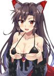  :d animal_ears areolae black_bikini_top blush breasts brooch brown_hair collarbone commentary_request cum cum_on_body cum_on_breasts cum_on_upper_body dress e.o. eyebrows_visible_through_hair fang grabbing grabbing_own_breast highres imaizumi_kagerou jewelry large_areolae large_breasts long_hair long_sleeves looking_at_viewer micro_bikini_top multicolored multicolored_clothes multicolored_dress open_mouth red_dress red_eyes simple_background smile solo touhou upper_body very_long_hair white_background white_dress wide_sleeves wolf_ears 