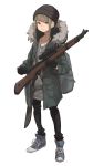  backpack bag black_gloves black_hat black_legwear blue_footwear bolt_action brown_hair dog_tags full_body gloves gun hat highres light_smile machete mauser_98 military original rifle sheath sheathed shirt shoes skullcap sneakers sniper_scope standing t-shirt tabao weapon 