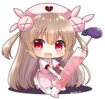  :d apron bandaged_arm bandages bangs blush bunny_hair_ornament collared_dress commentary dress eggplant eyebrows_visible_through_hair fang hair_between_eyes hair_ornament hat heart holding holding_syringe kneeling large_syringe light_brown_hair long_hair looking_at_viewer natori_sana nurse nurse_cap open_mouth oversized_object pink_apron pink_footwear pink_hat pleated_dress puffy_short_sleeves puffy_sleeves red_eyes sana_channel shoes short_sleeves sidelocks smile solo syringe thighhighs twitter_username two_side_up very_long_hair virtual_youtuber white_background white_dress white_legwear yukiyuki_441 