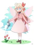  ahoge alternate_costume blonde_hair blue_sky cloud commentary_request dress fairy_wings flower gradient_hair grass hair_ribbon kneehighs lily_white long_sleeves multicolored_hair open_mouth pink_dress ribbon shoes sky smile touhou watering watering_can wings yutamaro 