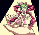  bow closed_mouth commentary dancing earrings english_commentary fire_emblem fire_emblem:_seisen_no_keifu green_eyes green_hair hair_bow jewelry leen_(fire_emblem) legband midriff minigirl navel out_of_frame pelvic_curtain pink_bow pov pov_hands red_scarf sandals scarf setz smile solo_focus standing standing_on_one_leg 