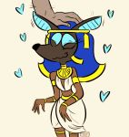  &lt;3 anubian_jackal anubis black_fur bracelet canine clothed clothing crossgender cute deity disembodied_hand egyptian eyes_closed female fur head_pat headdress jackal jewelry mammal midriff petting simple_background skirt smile solo_focus squiddybiddy white_background 