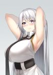  1girl absurdly_long_hair absurdres armpits arms_behind_head azur_lane bare_arms bare_shoulders belt black_belt black_neckwear blush breasts collared_shirt commentary_request enterprise_(azur_lane) eyebrows_visible_through_hair from_side grey_background hair_lift hat highres huge_breasts lips long_hair looking_at_viewer necktie pink_lips purple_eyes shirt silver_hair sleeveless sleeveless_shirt solo underbust upper_body very_long_hair white_hat yamanokami_eaka 