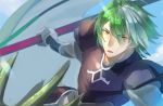  armor fire_emblem fire_emblem:_rekka_no_ken gloves green_hair hatomame heath male_focus multicolored_hair open_mouth polearm sky solo spear two-tone_hair weapon white_hair yellow_eyes 