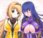  2girls akiyama_rinko blonde_hair blue_hair breasts choukou_sennin_haruka crossover green_eyes huge_breasts taimanin_yukikaze 