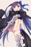  absurdly_long_hair bangs blue_eyes blue_ribbon breasts closed_mouth crotch_plate eyebrows eyebrows_visible_through_hair fate/extra fate/extra_ccc fate_(series) gradient gradient_background groin hair_ribbon leg_up legs_apart long_hair long_sleeves looking_at_viewer meltlilith navel puffy_long_sleeves puffy_sleeves purple_hair ribbon showgirl_skirt small_breasts smile solo spikes stomach straight_hair very_long_hair wagashi928 