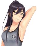  black_hair breasts cleavage commentary_request ear_piercing highres hikikomoriamy idolmaster idolmaster_shiny_colors long_hair looking_at_viewer piercing ponytail shirase_sakuya smile solo tank_top yellow_eyes 