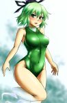  breasts competition_swimsuit d-m_(dii_emu) ghost_tail green_eyes green_hair green_swimsuit hat highres loo looking_at_viewer medium_breasts one-piece_swimsuit open_mouth short_hair soga_no_tojiko solo swimsuit tate_eboshi touhou 