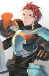  armor black_gloves breastplate cape capelet fire_emblem fire_emblem:_seima_no_kouseki gloves gradient gradient_background grey_background hatomame horseback_riding male_focus red_capelet red_eyes red_hair reins riding seth_(fire_emblem) solo upper_body 